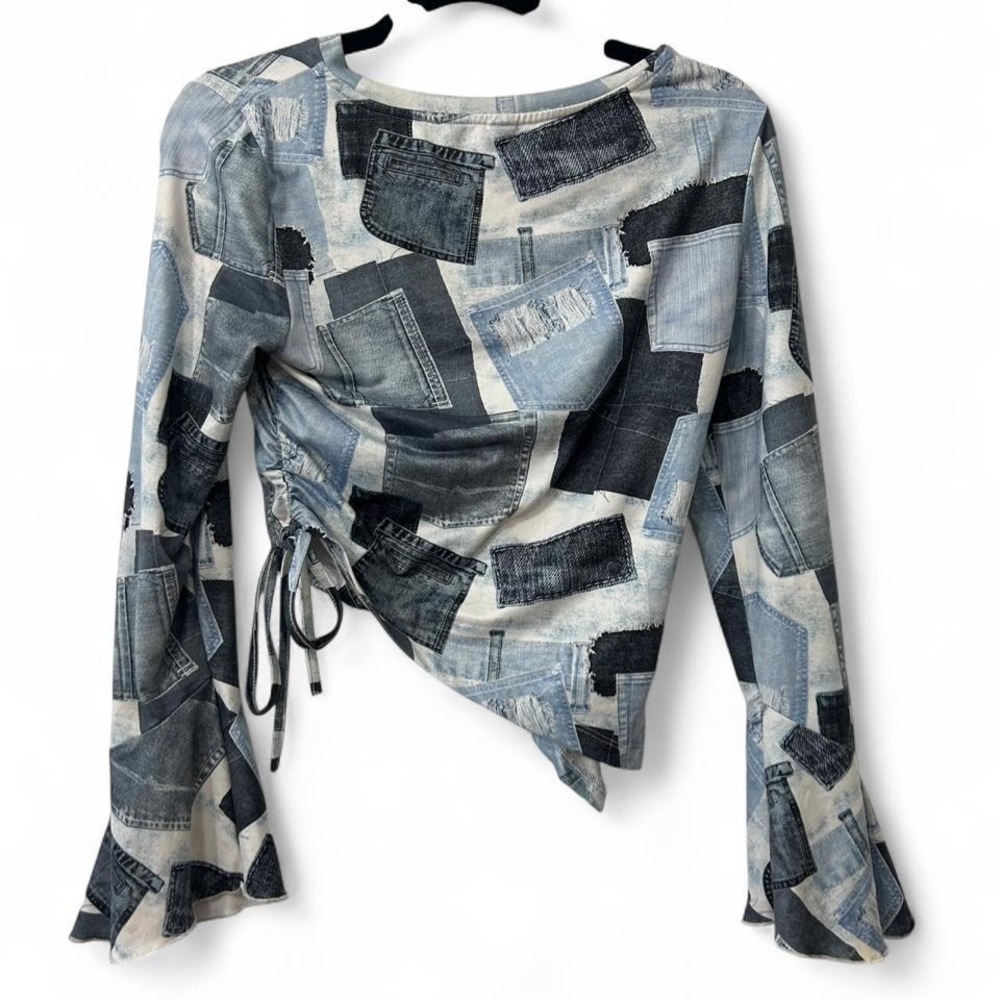 SHEIN Denim Patchwork Print Ruched Side Asymmetric Top Blue Long Sleeve Size 6
